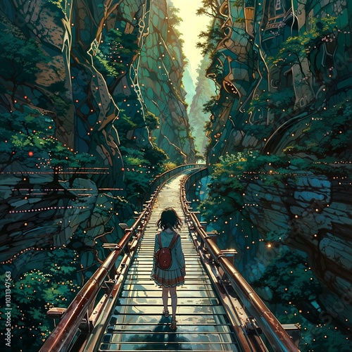  an anime girl walking on the bridge, passing throuhg the cyber valley combine with nature photo