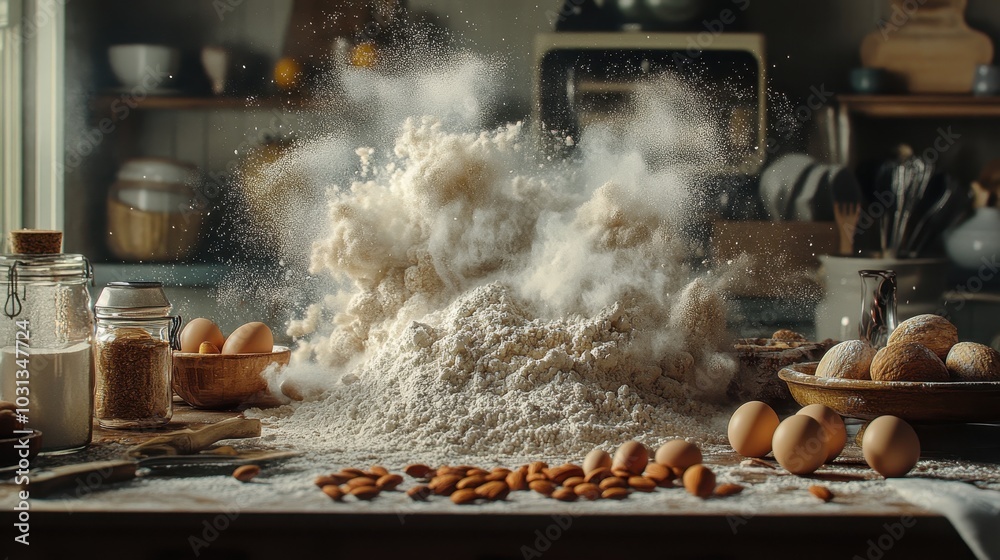 Rustic Kitchen Scene with Flour Explosion and Baking Ingredients on Wooden Table in Cozy Home Setting Rustic Kitchen Scene with Flour Explosion and Baking Ingredients on Wooden Table in Cozy Home Setting