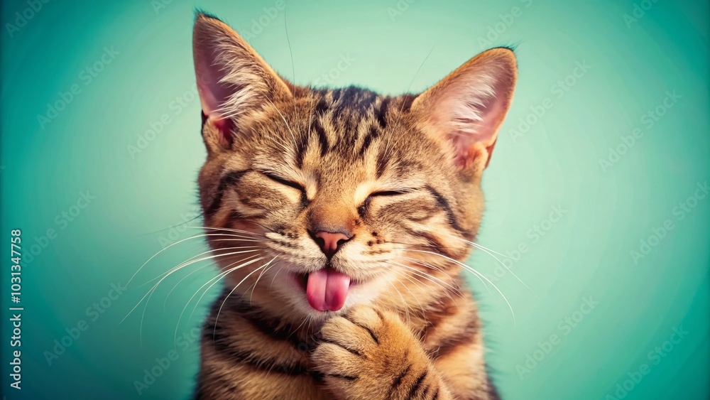 Cute Happy Cat with Paw Licking in Aerial View for Motivational and Funny Backgrounds Cute Happy Cat with Paw Licking in Aerial View for Motivational and Funny Backgrounds