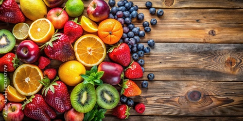 Fototapeta Naklejka Na Ścianę i Meble -  Assortment of fresh and colorful fruits on a wooden table, fruits, variety, healthy, nutrition, organic, vibrant