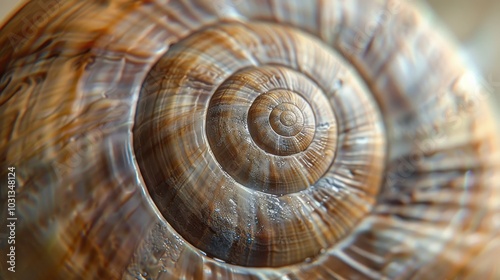 A spiral shell with a brown and tan color. The shell is very detailed and has a lot of texture