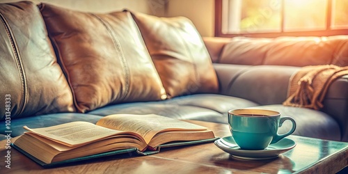 Warm, inviting living room with leather furniture, a cozy blanket, a book open on a coffee table, and a steaming mug of coffee