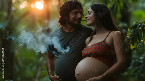A couple in a lush setting,...