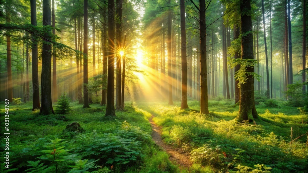 Obraz premium Serene sunrise in a lush forest , nature, beauty, peaceful, trees, sunlight, tranquility, calm, peaceful, morning
