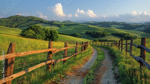 A serene landscape with a winding dirt path through lush green fields and a wooden fence.