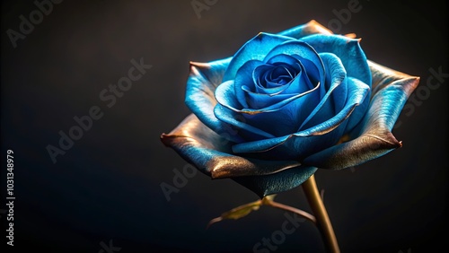 A single blue rose with gold edges blooms against a dark background, showcasing the delicate beauty of nature in a vibrant and unexpected color combination. photo