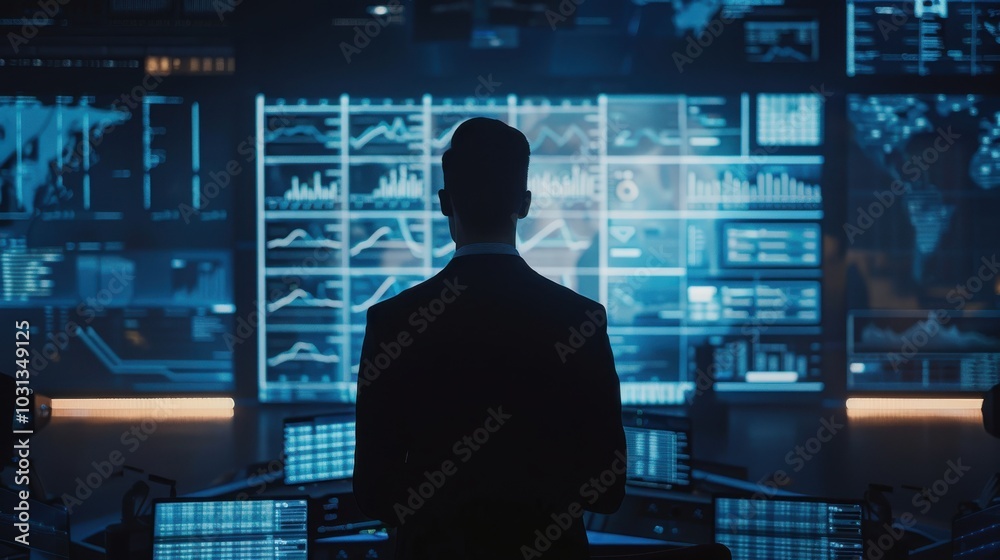 A man is standing in front of a computer monitor with a lot of data on it. He is wearing a suit and tie