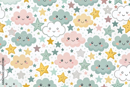 Cute Scandinavian Seamless Pattern with Clouds and Stars for Children's Fabric, Wallpaper, and Packaging