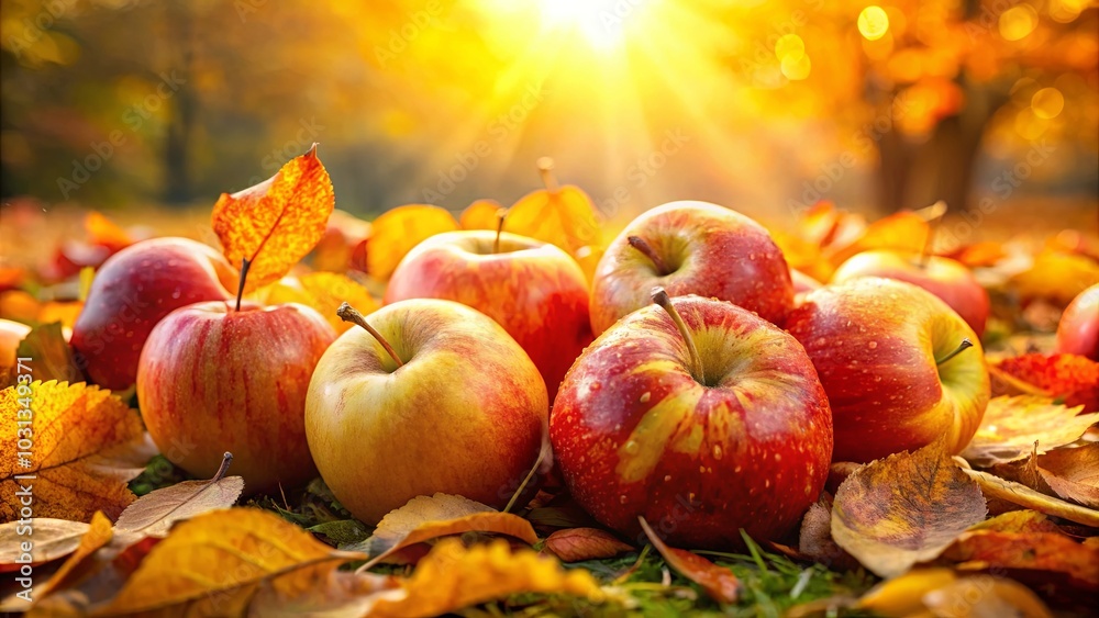 A cluster of vibrant red and yellow apples nestled amongst a bed of autumn leaves, bathed in the warm glow of a setting sun. A cluster of vibrant red and yellow apples nestled amongst a bed of autumn leaves, bathed in the warm glow of a setting sun.