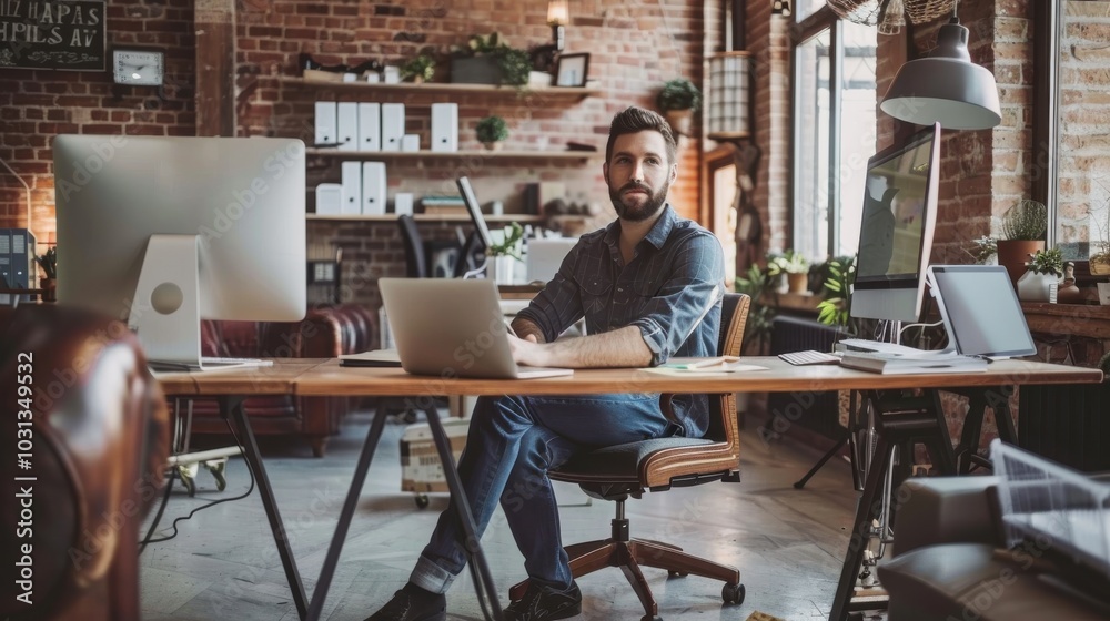 An office worker focused on his laptop in a rustic loft-style office during the day, surrounded by plants and natural light