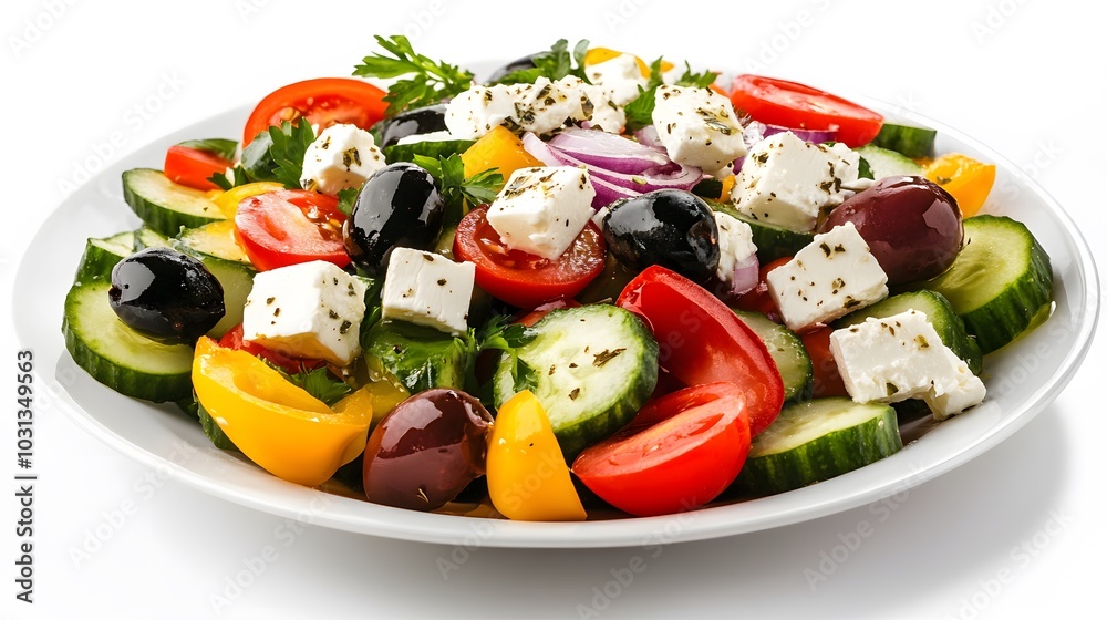 Fresh greek salad on a plate on white background. Fresh greek salad on a plate on white background.
