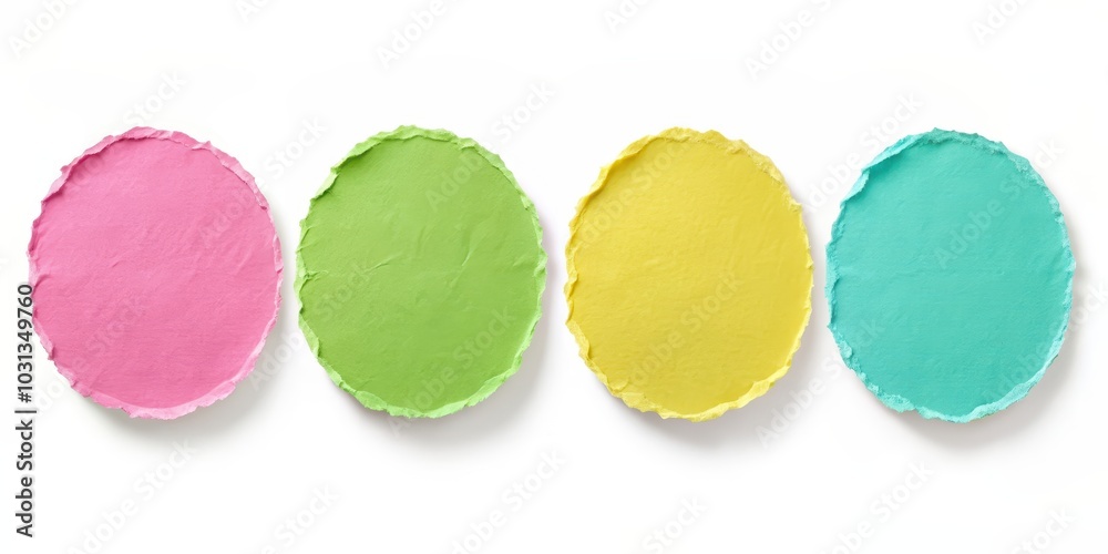 Round paper stickers with torn edges in yellow, pink, green, and blue, sticker, torn edge, round, paper, colorful, yellow, pink, green Round paper stickers with torn edges in yellow, pink, green, and blue, sticker, torn edge, round, paper, colorful, yellow, pink, green