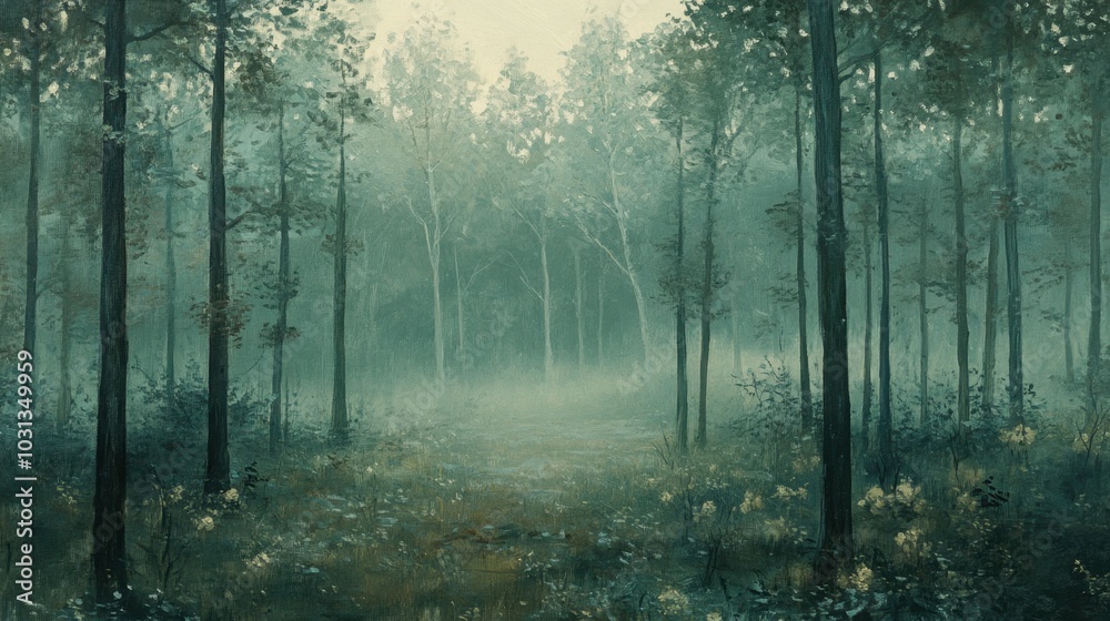 Misty Forest Pathway in Serene Nature Scene Misty Forest Pathway in Serene Nature Scene