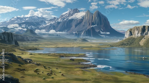 Fototapeta Naklejka Na Ścianę i Meble -  Aerial view of dinosaurs grazing peacefully on the vast plains of Patagonia with majestic cliffs in the distance during a sunny day