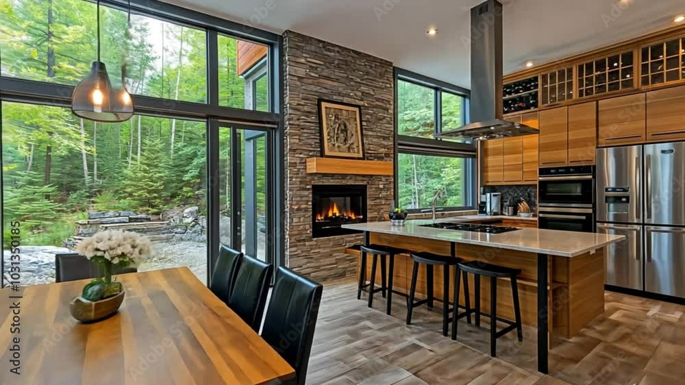 Elegant rustic kitchen with high ceilings, large windows, and cozy fireplace in a modern cabin. Elegant rustic kitchen with high ceilings, large windows, and cozy fireplace in a modern cabin.