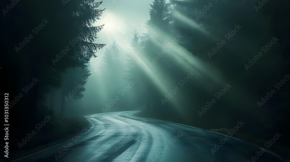 Misty road winding through a forest with sun rays piercing through. Misty road winding through a forest with sun rays piercing through.