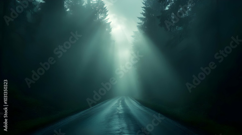 A misty road through a dark...