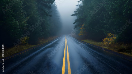 A misty road through a dens...