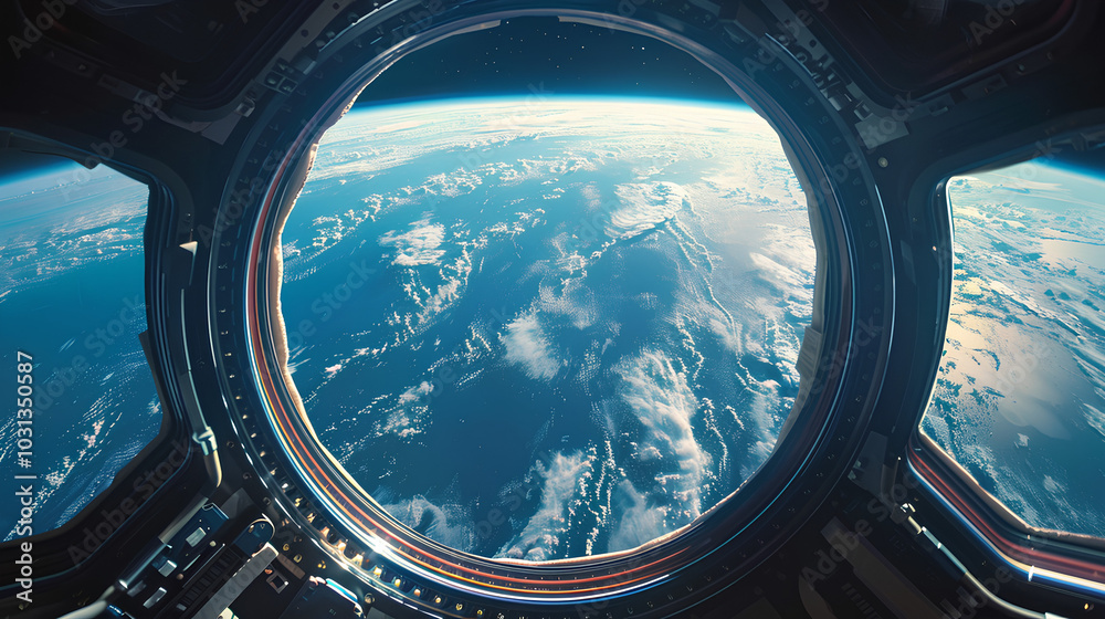 A circular window in a spacecraft shows Earth with clouds and sky as seen from orbit. A circular window in a spacecraft shows Earth with clouds and sky as seen from orbit.