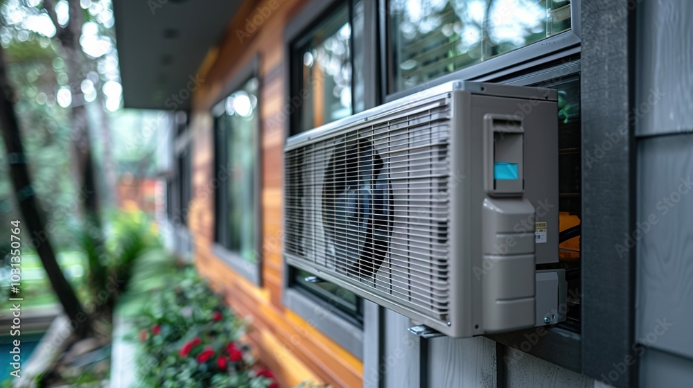 An air conditioning unit mounted on a modern house exterior, providing cooling and comfort. An air conditioning unit mounted on a modern house exterior, providing cooling and comfort.