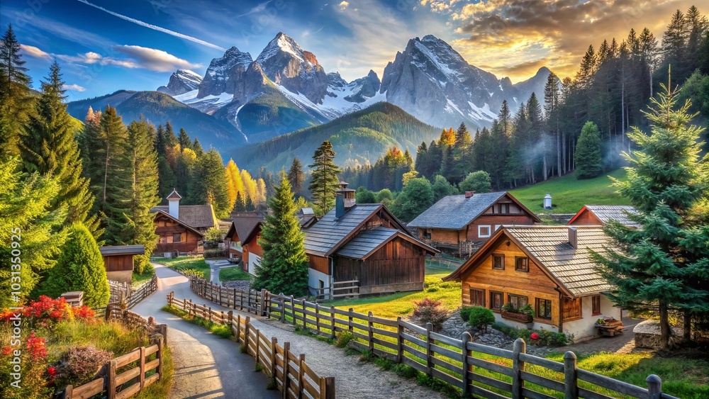 A picturesque mountain village nestled amidst a lush forest, with wooden houses and a winding path leading towards towering snow-capped peaks, illuminated by the golden glow of a setting sun. A picturesque mountain village nestled amidst a lush forest, with wooden houses and a winding path leading towards towering snow-capped peaks, illuminated by the golden glow of a setting sun.