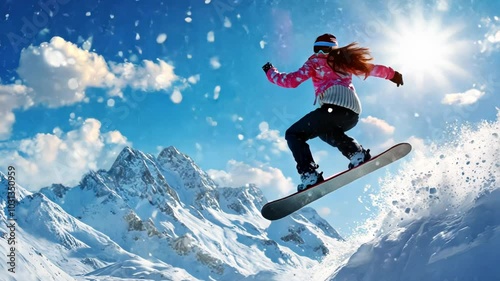 Snowboarder Jumping Off Mountain in Snowy Alps