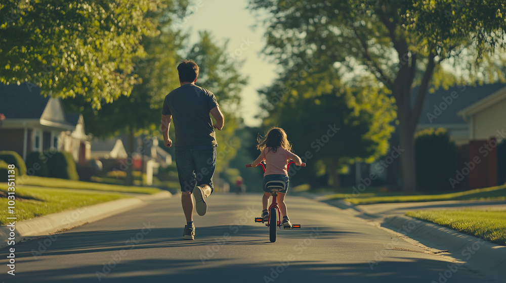 A touching moment of a father running alongside his young daughter as she rides a bicycle for the first time A touching moment of a father running alongside his young daughter as she rides a bicycle for the first time