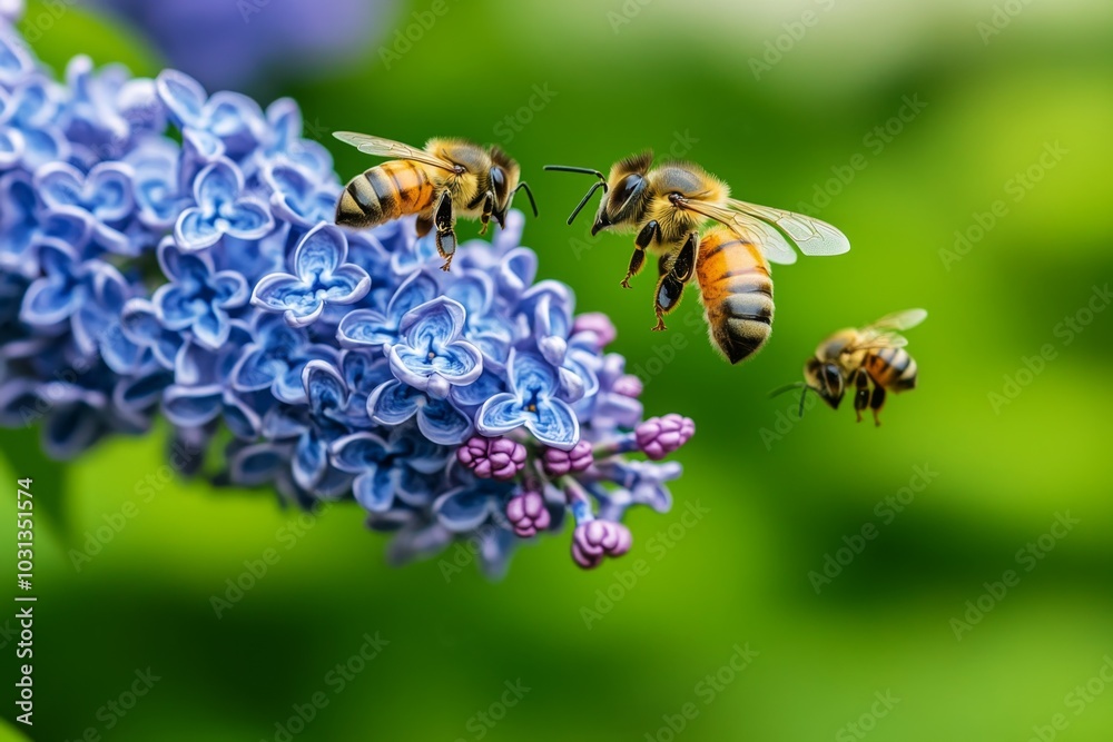 A cluster of lilac flowers, with bees hovering above A cluster of lilac flowers, with bees hovering above