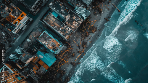 Aerial View of a Coastal Town Devastated by a Hurricane, Showcasing Uprooted Trees, Collapsed Buildings, and Debris Scattered Across the Streets, While Ocean Waves Crash Against the Shore, Illustratin photo