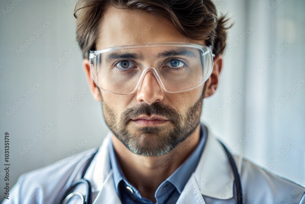 Close-up of serious Caucasian doctor with protective glasses and stethoscope Close-up of serious Caucasian doctor with protective glasses and stethoscope