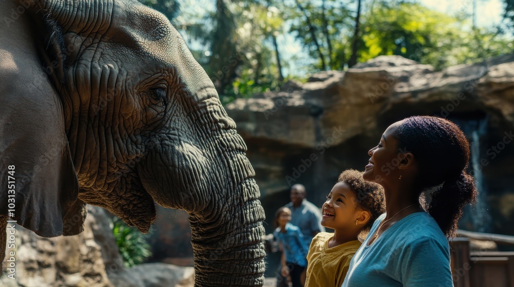 Fototapeta premium A woman and two children are looking at an elephant at a zoo. The elephant is looking at them with its trunk raised. Scene is joyful and playful
