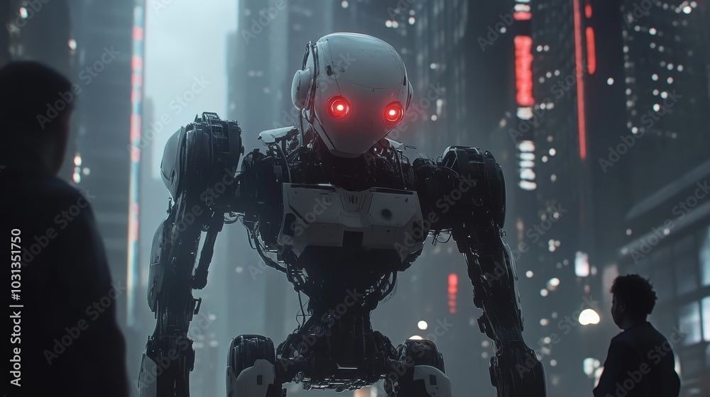 In a dystopian city, humans confront a rogue robot under gleaming neon lights on a desolate urban street at twilight In a dystopian city, humans confront a rogue robot under gleaming neon lights on a desolate urban street at twilight