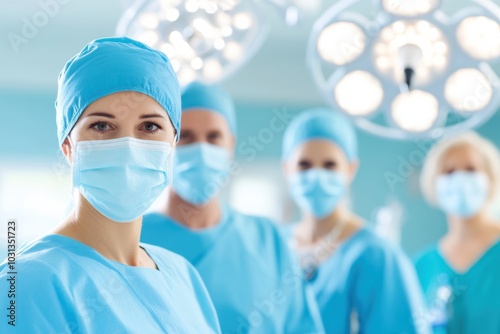 A focused team of medical professionals in surgical attire, ready for a critical procedure in a modern operating room.