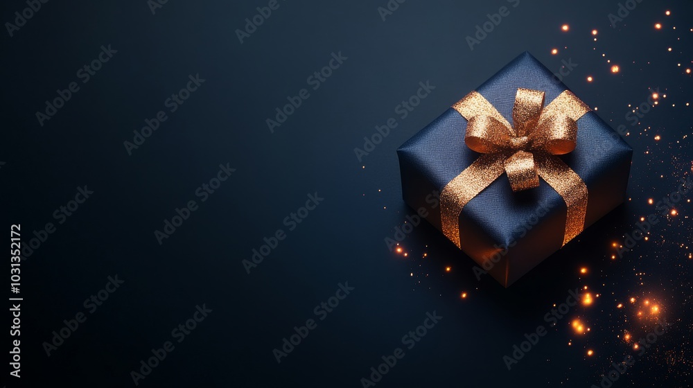 Elegant gift box with golden ribbon and sparkling effects Elegant gift box with golden ribbon and sparkling effects