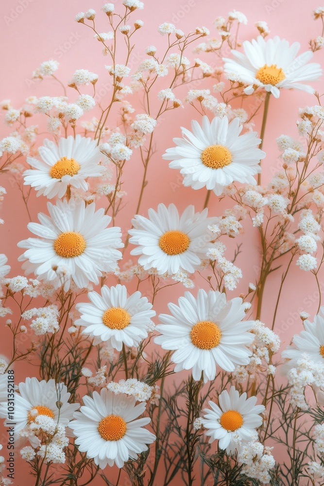 Beautiful Arrangement of White Daisies and Baby's Breath Against a Soft Pink Background for Floral and Nature-Themed Photography Beautiful Arrangement of White Daisies and Baby's Breath Against a Soft Pink Background for Floral and Nature-Themed Photography