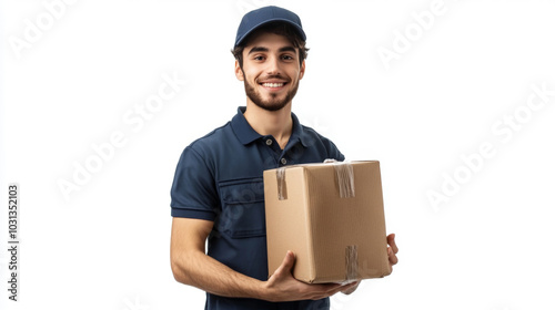 Logistics worker smiling while holding a package for delivery and shipping concepts