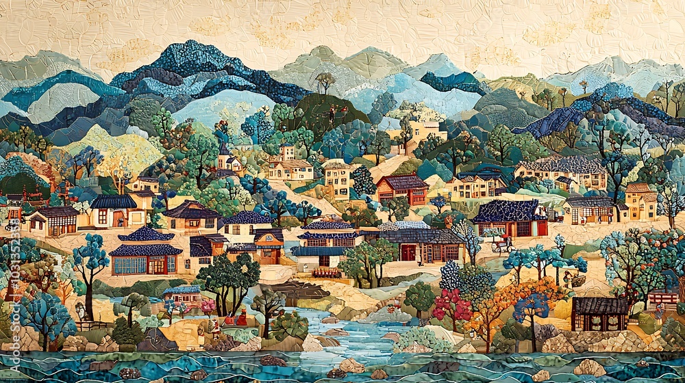 Obraz premium Asian Village Landscape Mosaic Artwork