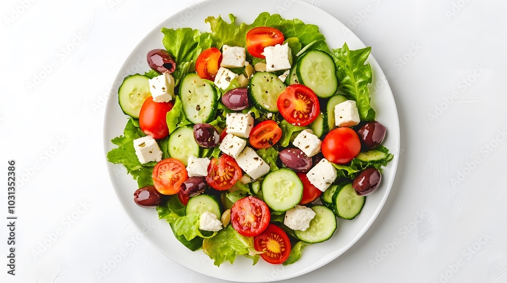 Fresh greek salad on a plate on white background. Fresh greek salad on a plate on white background.