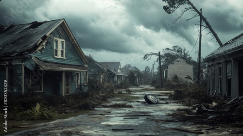 Hurricane aftermath shows damaged houses with torn roofs and shattered windows in a deserted neighborhood in the USA photo