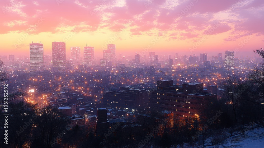 A city skyline at sunset, with lights twinkling in the dusk. A city skyline at sunset, with lights twinkling in the dusk.