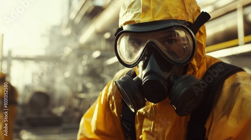 A worker in a protective suit and gas mask, focused on hazardous surroundings in an industrial setting filled with smoke. photo