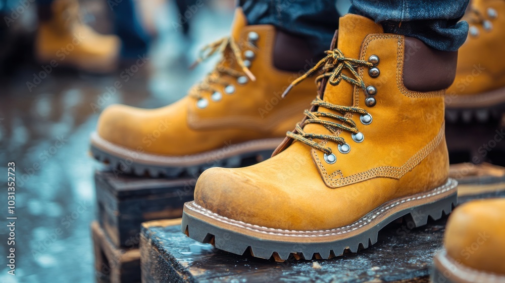 Shoe seller displays rugged outdoor boots with thick soles and sturdy materials in a soft background setting Shoe seller displays rugged outdoor boots with thick soles and sturdy materials in a soft background setting