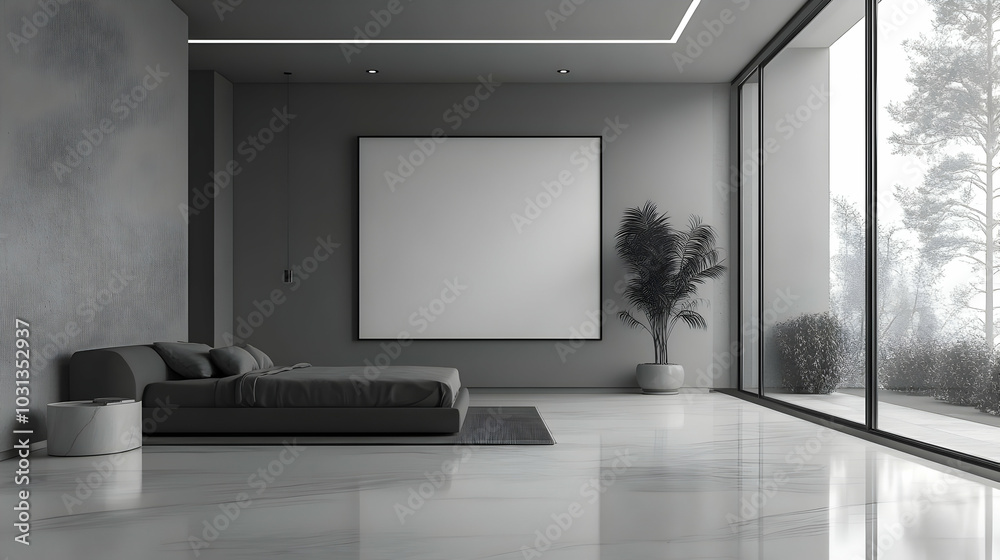 Fototapeta premium Modern minimalist bedroom with large windows and a blank canvas.