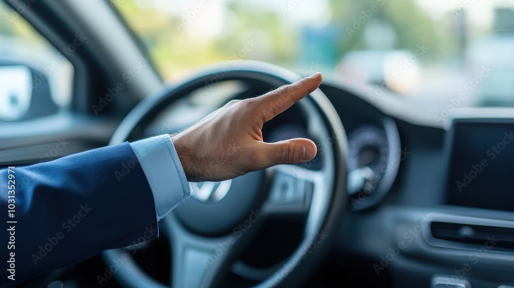 Car salesman demonstrates safety features while highlighting modern dashboard in a sleek vehicle during a sales presentation Car salesman demonstrates safety features while highlighting modern dashboard in a sleek vehicle during a sales presentation