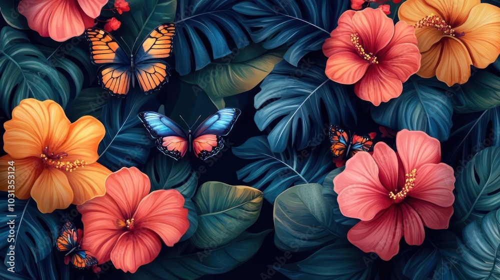 a bunch of flowers and butterflies on a black background a bunch of flowers and butterflies on a black background