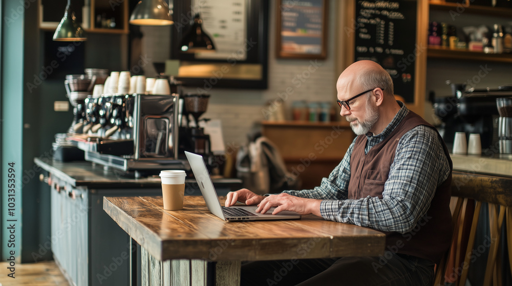 A man sitting at a small wooden table in a cozy coffee shop A man sitting at a small wooden table in a cozy coffee shop