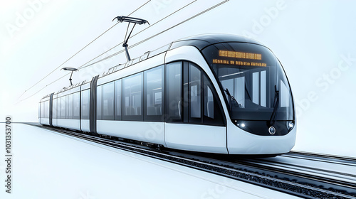 Modern tram design on tracks for urban transportation.