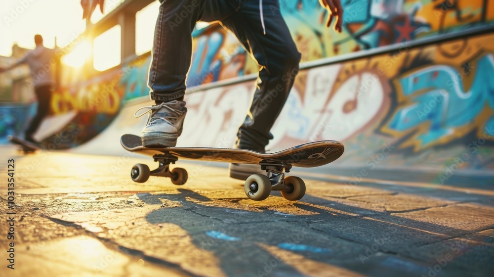 A skateboarder is riding a skateboard on a concrete surface. The skateboarder is wearing a pair of jeans and a grey shirt. The skateboard is black and white A skateboarder is riding a skateboard on a concrete surface. The skateboarder is wearing a pair of jeans and a grey shirt. The skateboard is black and white