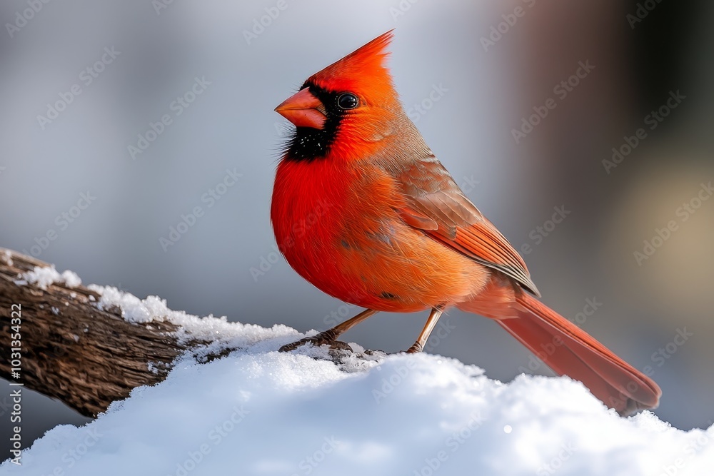 Bright red cardinal perched on a snow-dusted branch, standing out against the white background Bright red cardinal perched on a snow-dusted branch, standing out against the white background