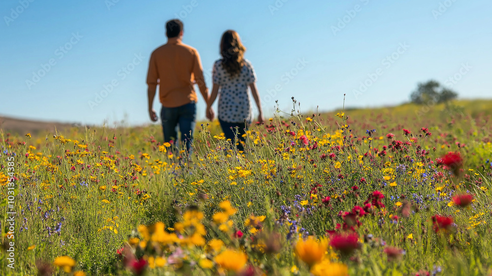 A romantic scene of a couple walking hand in hand through a field filled with wildflowers